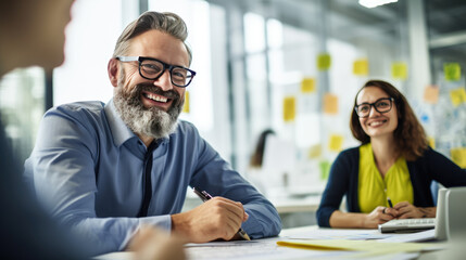 Portrait of successful business people discuss business issues in the office during meeting