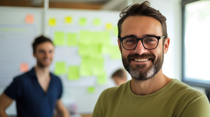 Wall Mural - Smiling businessman sitting in front of team in the office during meeting