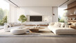 © Halal Vision Studio - a bright and airy living room with white walls and white hardwood flooring A large white sectional sofa takes up most of the room and two round tables are placed on either side