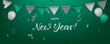 Happy New Year celebration illustration featuring confetti, balloons, green flags, and garland. Suitable for various celebrations such as birthdays, anniversaries, and events. Not AI generated.