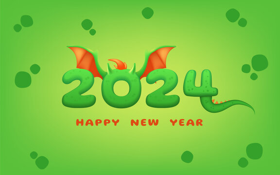 2024 calendar poster with a green new year dragon. The design features a cute wings and tail, blending modern and fantasy elements. The illustration exudes happiness. Not AI generated