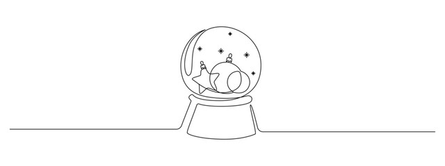 Wall Mural - One continuous line drawing of snow globe with Christmas tree balls and toys inside. Magic glass crystal for winter xmas concept in simple linear style. Editable stroke. Doodle vector illustration