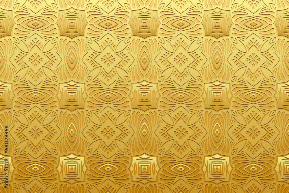 Embossed gold background, festive cover design. Ornamental boho style ...