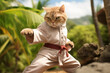 Cute tabby cat in karate uniform striking a pose