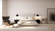 a bedroom with a white wall and a black bed and a armchair