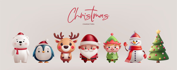 Wall Mural - Christmas illustration set cute 3D characters. Santa, a reindeer, an elf, a penguin, a polar bear, and a snowman, Christmas tree. Perfect for holiday greetings and decorations. Not AI generated.