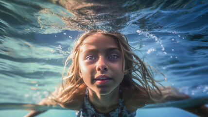 Portrait of a young girl with blond hair swimming under water and smiling. Happy expression while enjoying a relaxing past time.