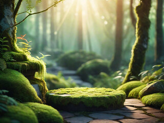 Wall Mural - aged mossy podium in the magical wild forest , empty stand background under the sunrise, volumetric sunray or sunlight