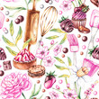 Watercolor seamless pattern with desserts, baking tools, flowers