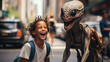 Futuristic photography of a cute laughing child walks with his friendly alien on the street among surprised citizens