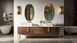 © Halal Vision Studio - A bathroom retreat has a double vanity and a statement mirror