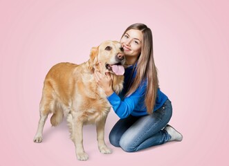 Poster - Happy woman with young cute dog pet