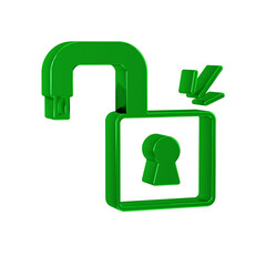 Poster - Green Open padlock icon isolated on transparent background. Opened lock sign. Cyber security concept. Digital data protection.