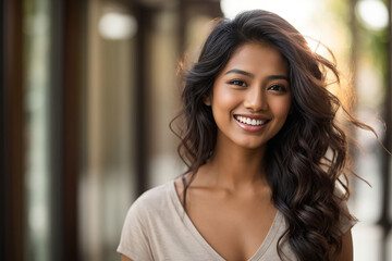 A closeup photo portrait of a beautiful young asian woman smiling with clean teeth, Portrait of a woman