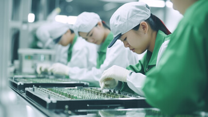 women working in electronics factory. electronics factory workers assembling circuit boards by hand 