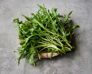 Wall Mural - a bunch of green fresh juicy arugula on a ceramic plate, minimalism, no people, gray background