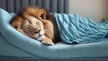 A Lion Sleeping In A Comfy Bed