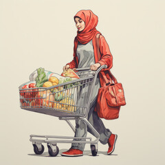 Wall Mural - illustration of a Arabic Muslim woman girl pushing a trolley full of groceries in the supermarket  