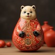 A figurine of a bear in a Russian folk costume, decorated with traditional painting, with a balalaika in its paws. Concept: folklore and art