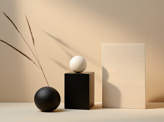 An angular sculpture and two square boxes standing next to eachother, in the style of light beige and black