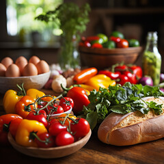 Canvas Print -  a rustic feast spread with various types of fresh, organic fruits and vegetables.