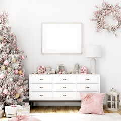 Wall Mural - Interior mockup, Christmas frame mockup in living room, Horizontal frame mockup