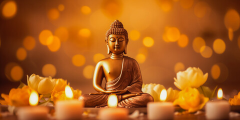 Wall Mural - buddha statue meditate with golden aura on yellow lotus background with light bokeh. banner vesak da