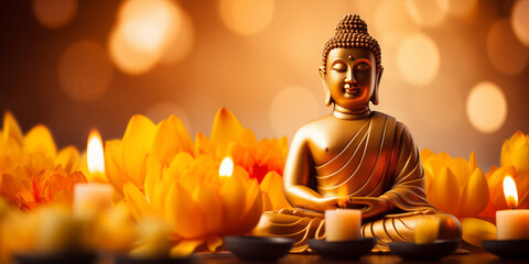 Wall Mural - buddha statue meditate with golden aura on yellow lotus background with light bokeh. banner vesak da