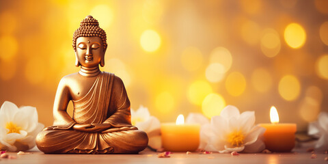 Wall Mural - buddha statue meditate with golden aura on yellow lotus background with light bokeh. banner vesak da