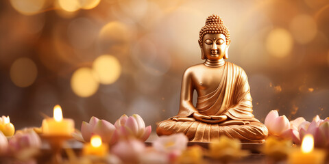Wall Mural - buddha statue meditate with golden aura on yellow lotus background with light bokeh. banner vesak da