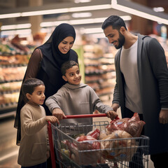 Wall Mural - muslim family in shopping, looking happy and full of love, with two kids