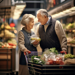 Wall Mural - elderly couple in shopping groceries looking very happy and still in love