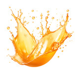 Orange juice splash isolated on transparent background, fruit juice crown splash wave swirl with drops, Shiny yellow liquid splashing fluids droplets, design element fresh clear beverage,