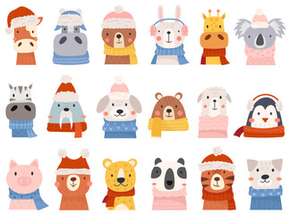 Wall Mural - Animals character wearing warm winter hats and scarves accessories isolated set vector illustration