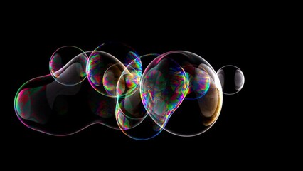 3d render of abstract art loop video animation of surreal soap bubbles balls spheres glass drops water liquid in rainbow neon gradient light color in transition deformation process on black background