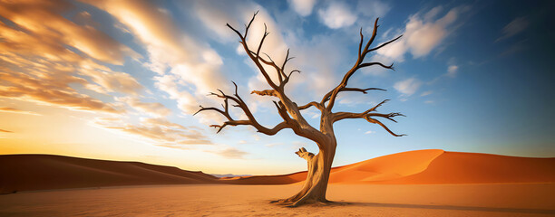 dead tree in desert at sunset, AI generated