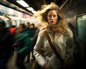 Poster - A woman with long blonde hair standing in front of a train. Generative AI.