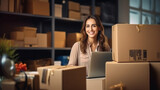 Fototapeta Sport - A happy woman at the office preparing boxes and delivering sales. Concept of selling products online.