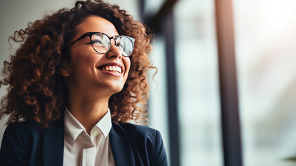 Cheerful professional business woman, happy laughing female office worker wearing glasses looking away at copy space advertising job opportunities or good business services.