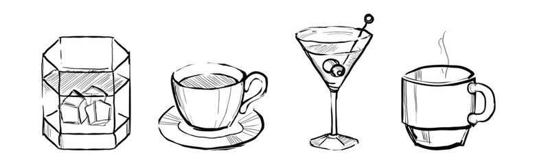 Sticker - Different Drink and Beverage Hand Drawn Sketch Vector Set.