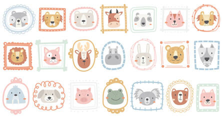 cute animal faces funny character in hand drawn portrait frames isolated set vector illustration