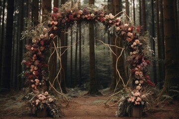 Wall Mural - forest boho wedding arch decoration for a wedding ceremony celebration: green plants and bright red flowers.