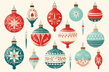 a set of vintage christmas ornaments baubles in different colors and designs, on a light background,