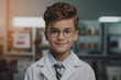 A young boy with a charming smile, wearing glasses and a lab coat, stands in a laboratory setting, emulating a professional doctor.