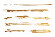 Gold glitter ink color smear brush stroke stain line blot on white background.