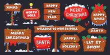 Cartoon Christmas Signboards, Wooden Signs On Pole, Arrow Signpost Under Snow Vector Illustration