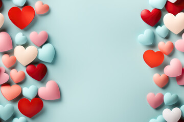 Wall Mural - Colorful hearts on blue background with copy space.
