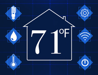 Canvas Print - Smart home system. Thermostat display showing ambient temperature in Fahrenheit scale and different icons