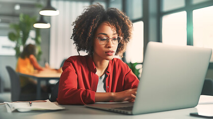 Young poc woman working at a laptop in an office. Professional at work