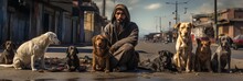 Homeless People With Their Stray Dogs On City Streets, Housing Problem